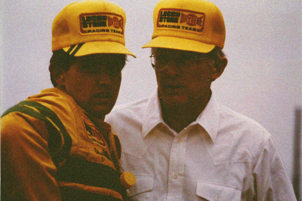 Charlie Luck IV with son wearing Luck Stone racing hats